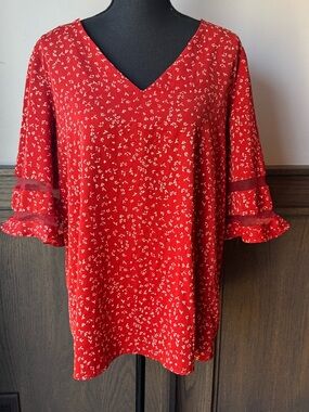 Red Orange V-Neck Women's Top with Ruffle Sleeves XL